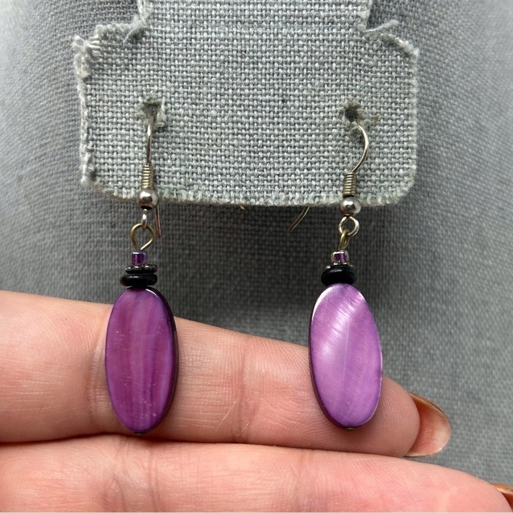 Vibrant Abalone Shell Purple Dangle Earrings Silver Tone Hook Mother of Pearl